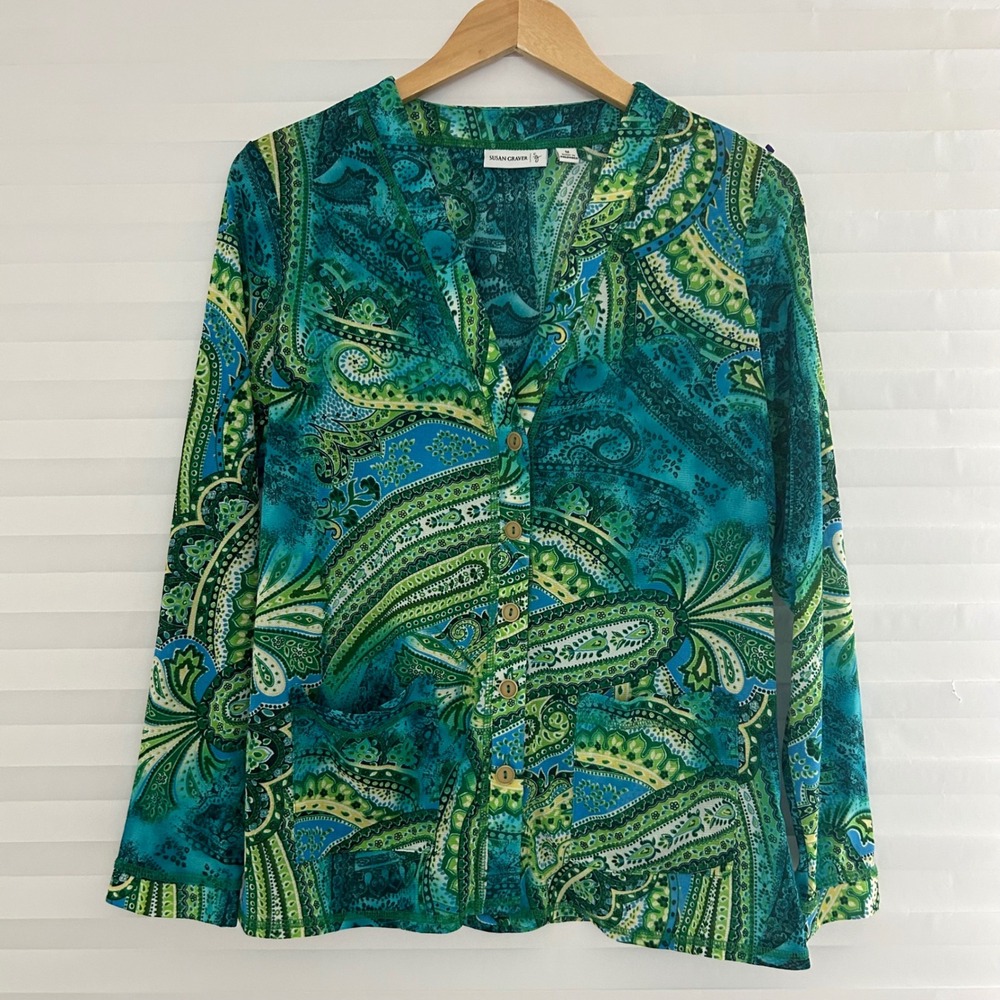 Susan Graver Womens Teal Green Paisley‎ Button Front Cardigan Top Pockets Size M